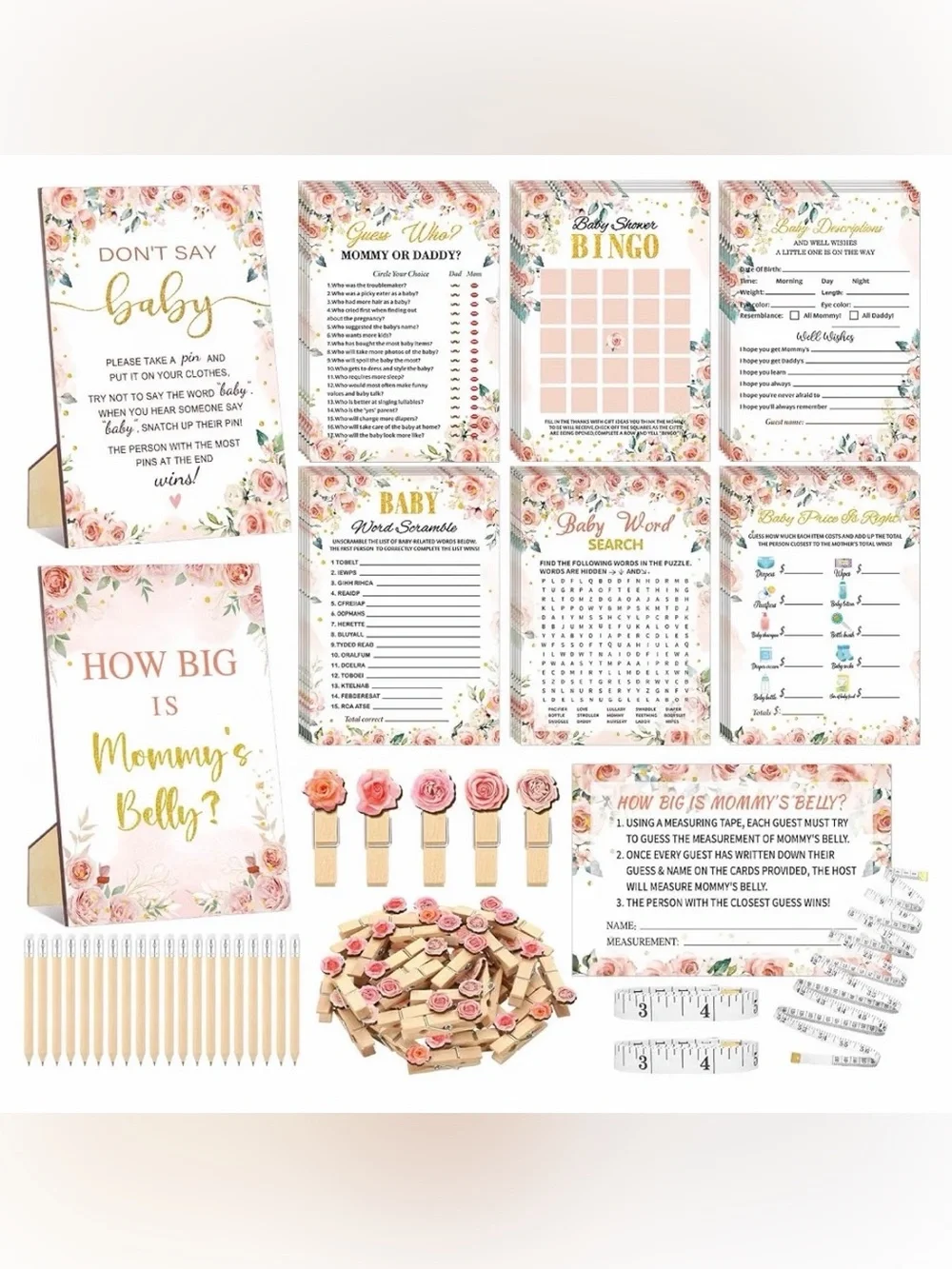 Baby Shower Game Kit — Pink and Gold Floral Party Pack